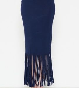 Boutique navy blue maxi fringe skirt NWT